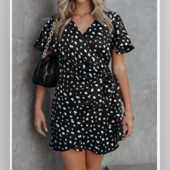 Vici Black Polka Dot Satin Wrap Dress - Picture 1 of 5